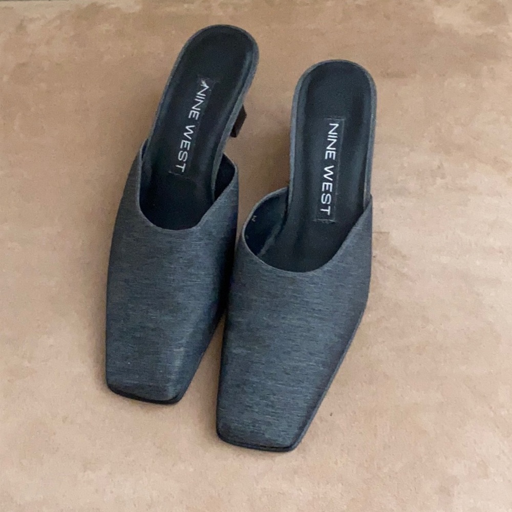 Nine West grey silk backless heels